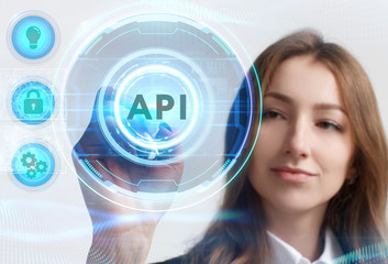 Business, Technology, Internet and network concept. Young businessman working on a virtual screen of the future and sees the inscription: API