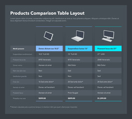 Poster - Products comparison table layout with place for description - dark version. Flat infographic design template for website or presentation.