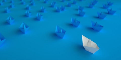 Leadership concept with white paper ship leading among blue on blue background.3d rendering.