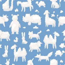 Clouds Animal Shapes Seamless Pattern With Sheep, Bear, Camel, Rabbit And Fox On The Sky Cartoon Vector Illustration. Animalistic Clouds Background.