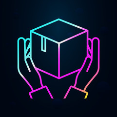 Poster - the hand holds the parcel in nolan style icon. Simple thin line, outline vector of cargo logistic icons for ui and ux, website or mobile application