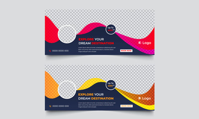 Wall Mural - Travel tour corporate business banner template, horizontal advertising Web business banner layout template set, Cover header background for website design