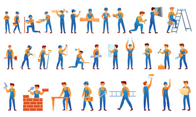Poster - Repairman icons set. Cartoon set of repairman vector icons for web design