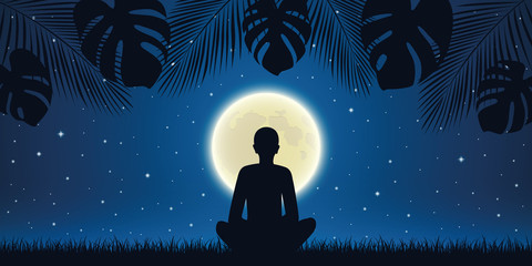 Wall Mural - person in meditation pose at night background with full moon and palm tree leaves vector illustration EPS10