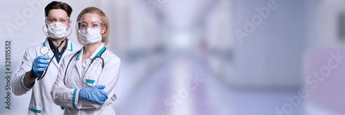 Fotomural Doctor woman over blue hospital background. Headline.
