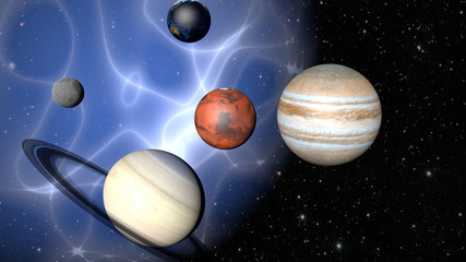 Wall Mural - parade of planets and a mysterious nebula. 3d rendering