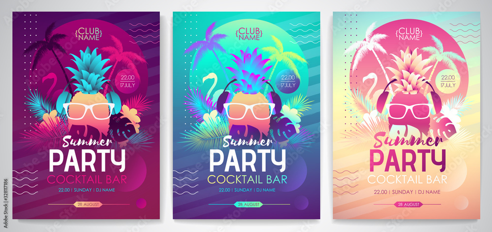 Set of Colorful summer disco party posters with fluorescent tropic leaves, pineapple and flamingo. Summertime backgrounds - obrazy, fototapety, plakaty 