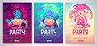 Set of Colorful summer disco party posters with fluorescent tropic leaves, pineapple and flamingo. Summertime backgrounds