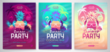 Set Of Colorful Summer Disco Party Posters With Fluorescent Tropic Leaves, Pineapple And Flamingo. Summertime Backgrounds