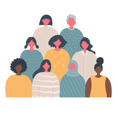 Wall Mural - Women's community. Female solidarity. International Women's Day concept. There are women of different races, different ages in the picture. People icons. Vector illustration