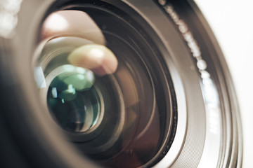 Poster - Close up beautiful camera lens on a gray background.