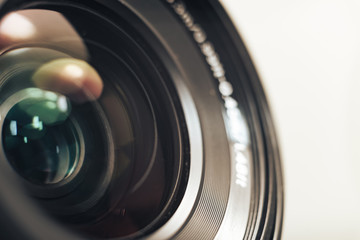 Aufkleber - Close up beautiful camera lens on a gray background.