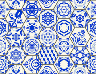 Indigo Blue Flower Azulejos Pattern Lisbon Set Paint Tile Floor Oriental Spain Collection Seamless Pattern Portugal Geometrichexagonal  Ceramic Design Tile Vintage Illustration background Vector Textu