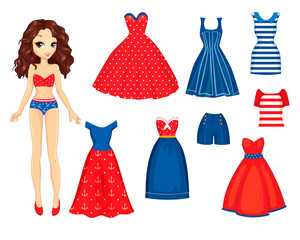 Wall Mural - Paper Doll With Set Of Retro Fashion Clothes