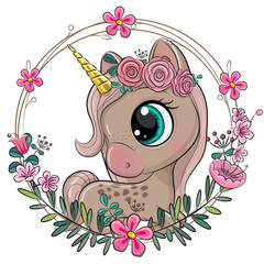 Wall Mural - unicorn with flowers on a blue background