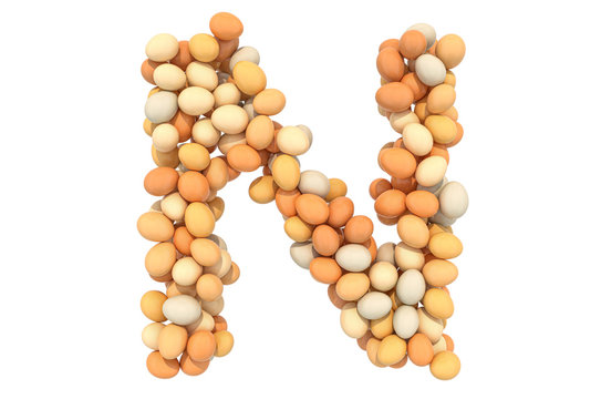 Letter N from chicken eggs, 3D rendering