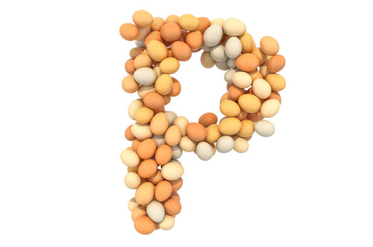 Letter P from chicken eggs, 3D rendering