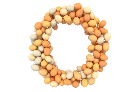 Letter O from chicken eggs, 3D rendering