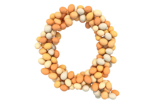 Letter Q from chicken eggs, 3D rendering