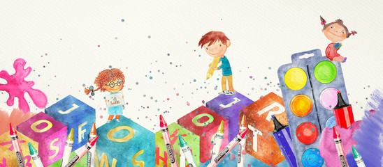 Watercolor school banner with kids