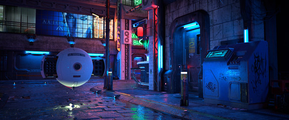 Bright neon night in a cyberpunk city. Photorealistic 3D illustration of the futuristic city. Empty street with blue, green and purple neon lights. Huge luminous billboard on a wall of building.