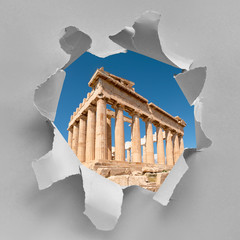 Fototapete - Paper hole with Parthenon temple on a bright day with blue sky from Athens, Greece. Classical ancient Greek civilization landmark, famous place. Travel to Greece collage, square composition.