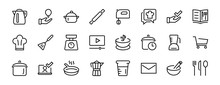 Set Of Icons For Cooking And Kitchen, Vector Lines, Contains Icons Such As A Knife, Saucepan, Boiling Time, Mixer, Scales, Recipe Book. Editable Stroke, Perfect 480x480 Pixels, White Background