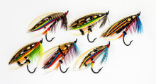 Six Beautiful And Colourful Fly Fishing Flies On A White Background