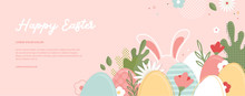 Happy Easter Banner. Greeting Card, Poster Or Banner With Bunny, Flowers And Easter Egg. Egg Hunt Poster. Spring Background