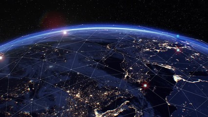 Wall Mural - digital grid over the earth sunrise. beautiful view from space satellite. futuristic abstract networ