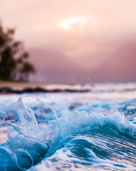 Beautiful Crystal Clear Blue Wave Crashing on Sandy Seashore with Colorful Sunset Sky in Scenic Palm Tree Silhouette Background in Tranquil Tropical Island Paradise Nature Scene of Maui Hawaii