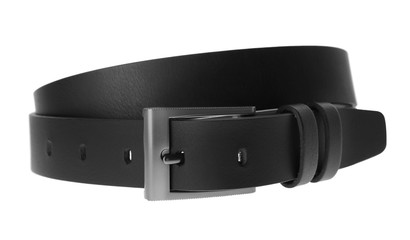 Stylish black leather belt isolated on white