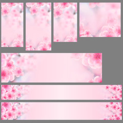 Wall Mural - Set of vertical and horizontal Japanese Spring Sakura cherry blossoms website banner backgrounds. 3D Illustration Clip-Art with Floral spring petal design header. copy space in pink, white and blue
