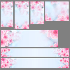 Wall Mural - Set of vertical and horizontal Japanese Spring Sakura cherry blossoms website banner backgrounds. 3D Illustration Clip-Art with Floral spring petal design header. copy space in pink, white and blue