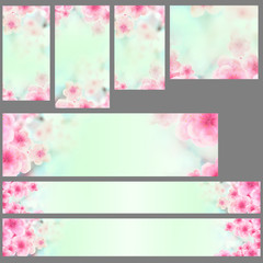 Wall Mural - Set of vertical and horizontal Japanese Spring Sakura cherry blossoms website banner backgrounds. 3D Illustration Clip-Art with Floral spring petal design header. copy space in pink, white and green