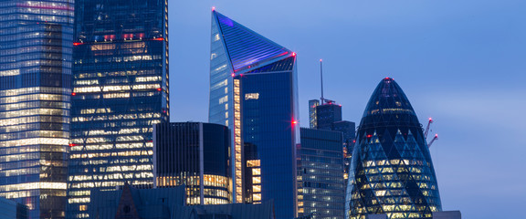 LONDON, UK - APRIL 8, 2019: Panoramic view of the bank district of central London with famous skyscrapers and other landmarks.