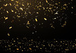 Falling bright shiny gold confetti, stars celebration, serpentine on black background. Confetti flying on the floor. New year, birthday, valentines day design element.