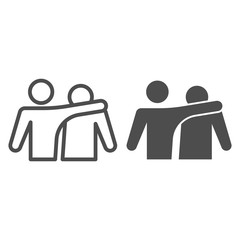 Poster - Two friends line and solid icon. Close embrace of happy mans, friendship symbol, outline style pictogram on white background. Relationship sign for mobile concept and web design. Vector graphics.