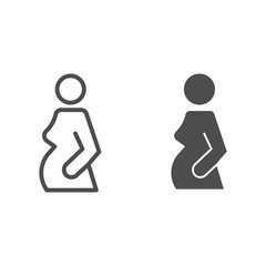 Poster - Pregnant woman expecting baby line and solid icon. Women pregnancy symbol, outline style pictogram on white background. Relationship sign for mobile concept and web design. Vector graphics.