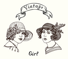 Vintage Gravure 1920s Style Fashionable Couple Girls Portrait In Hat With Flowers, Hand Drawn Doodle, Drawing, Sketch Illustration, Design Element