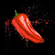 © Margarita - Red chili pepper with splashes and spray. Fresh sweet paprika. Hand drawn watercolor illustration isolated on black background. Design for cover packaging and menu.