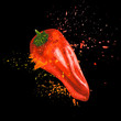 © Margarita - Red mini pepper with splashes and spray. Fresh sweet paprika. Hand drawn watercolor illustration isolated on black background. Design for cover packaging and menu.