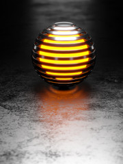 Wall Mural - 3d abstract metallic ribbed sphere with glowing orange centre on metallic flat floor with light behind