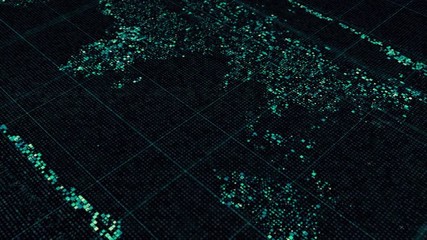 Aufkleber - Abstract colorful particles create world map that flowing on black background, seamless loop. Animation. Digital marketing and business concept.