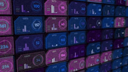 Poster - Abstract digital display with colorful rows of small cells or microchips with different numbers and moving scales on black background, seamless loop. Animation. Computers and information concept.