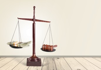 Poster - Justice scales and wooden gavel on the table