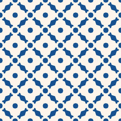 Vector ornamental seamless pattern. Abstract blue and white geometric background texture. Simple ornament with diamond shapes, octagons, grid, net, lattice, repeat tiles. Elegant repeatable design