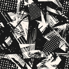 Wall Mural - Abstract monochrome grunge seamless pattern. Urban art texture with paint splashes, chaotic shapes, lines, dots, triangles, spots. Black and white graffiti style vector background. Repeating design
