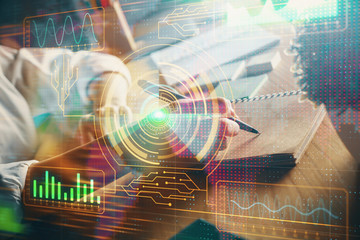 multi exposure of woman's hands on background with technology and digital coding icons. data develop