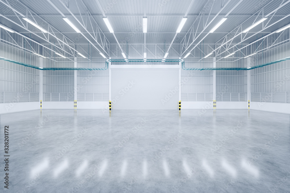 Roller door or roller shutter inside factory, warehouse or industrial building. Modern interior design with polished concrete floor and empty space for product display, industry background. 3d render. - obrazy, fototapety, plakaty 